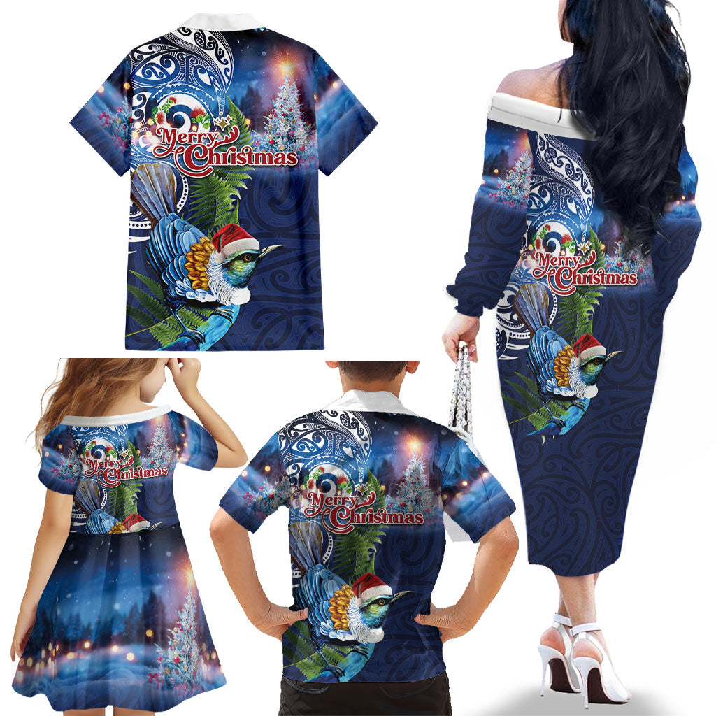 New Zealand Merry Christmas Family Matching Off The Shoulder Long Sleeve Dress and Hawaiian Shirt Maori Tribal Pattern with Xmas Tui Bird