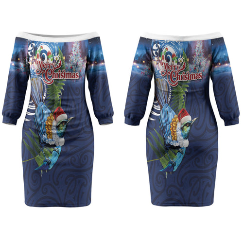 New Zealand Merry Christmas Family Matching Off The Shoulder Long Sleeve Dress and Hawaiian Shirt Maori Tribal Pattern with Xmas Tui Bird