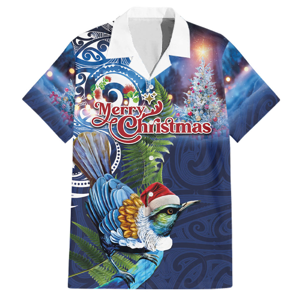 New Zealand Merry Christmas Family Matching Off The Shoulder Long Sleeve Dress and Hawaiian Shirt Maori Tribal Pattern with Xmas Tui Bird