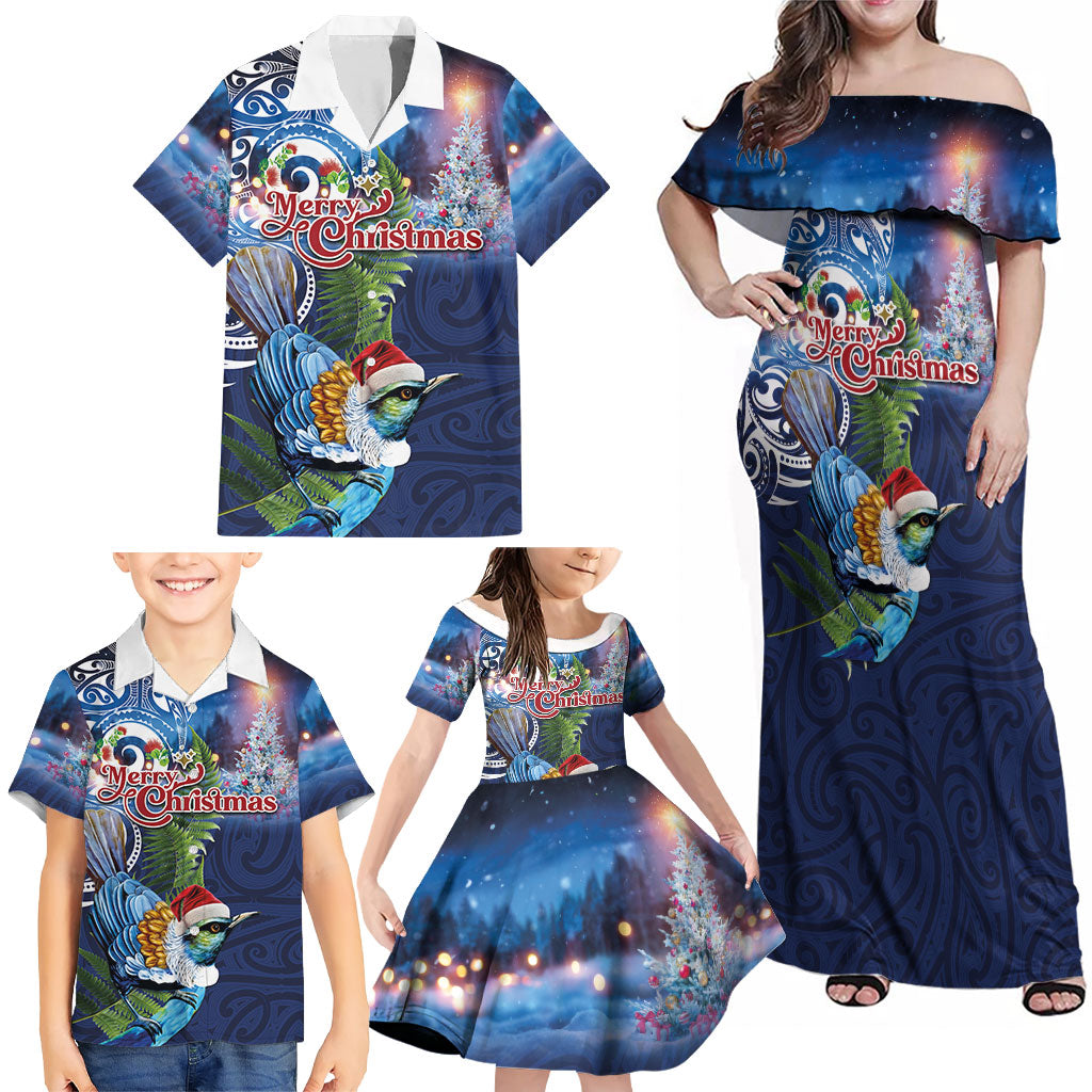 New Zealand Merry Christmas Family Matching Off Shoulder Maxi Dress and Hawaiian Shirt Maori Tribal Pattern with Xmas Tui Bird