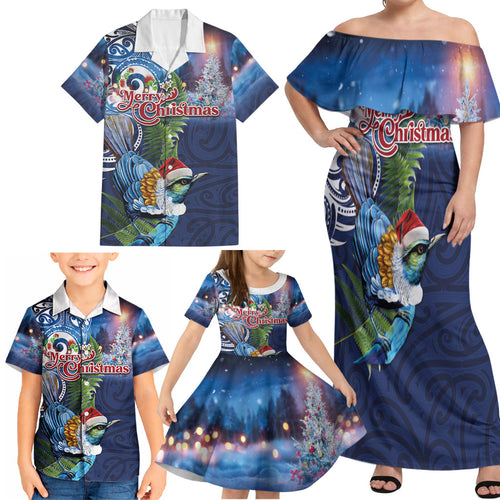 New Zealand Merry Christmas Family Matching Off Shoulder Maxi Dress and Hawaiian Shirt Maori Tribal Pattern with Xmas Tui Bird