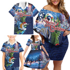 New Zealand Merry Christmas Family Matching Off Shoulder Short Dress and Hawaiian Shirt Maori Tribal Pattern with Xmas Tui Bird