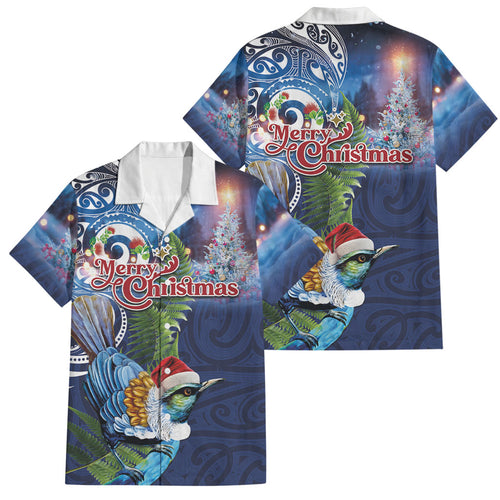 New Zealand Merry Christmas Family Matching Off Shoulder Short Dress and Hawaiian Shirt Maori Tribal Pattern with Xmas Tui Bird