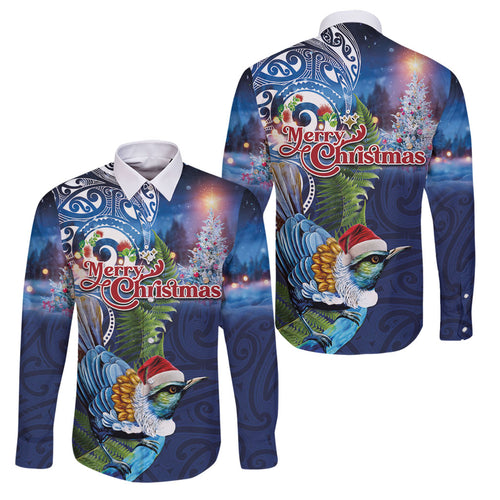 New Zealand Merry Christmas Family Matching Off Shoulder Short Dress and Hawaiian Shirt Maori Tribal Pattern with Xmas Tui Bird