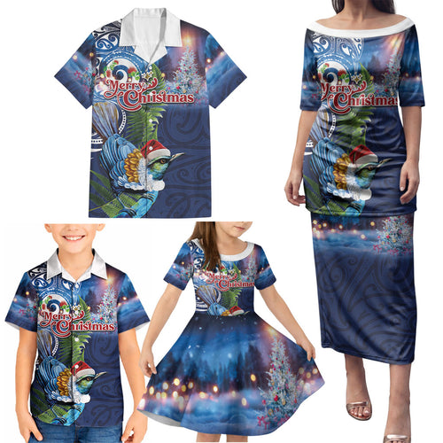New Zealand Merry Christmas Family Matching Puletasi and Hawaiian Shirt Maori Tribal Pattern with Xmas Tui Bird