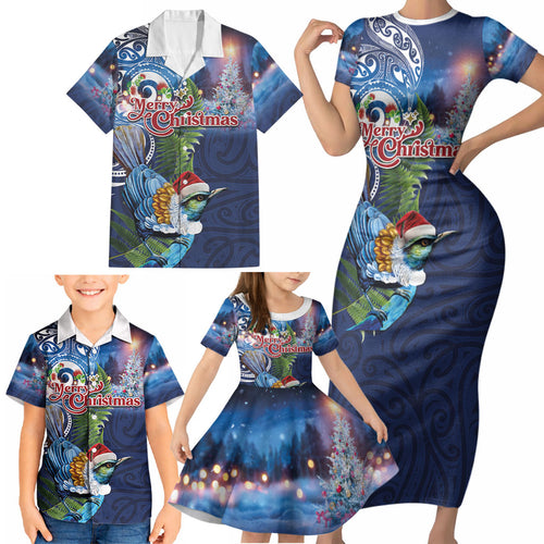 New Zealand Merry Christmas Family Matching Short Sleeve Bodycon Dress and Hawaiian Shirt Maori Tribal Pattern with Xmas Tui Bird