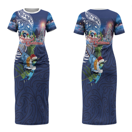 New Zealand Merry Christmas Family Matching Short Sleeve Bodycon Dress and Hawaiian Shirt Maori Tribal Pattern with Xmas Tui Bird