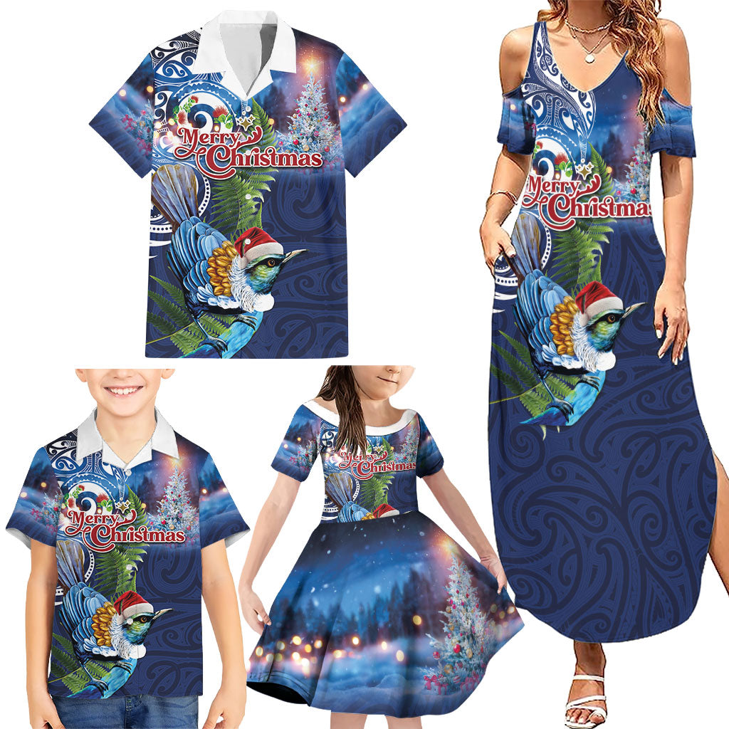 New Zealand Merry Christmas Family Matching Summer Maxi Dress and Hawaiian Shirt Maori Tribal Pattern with Xmas Tui Bird
