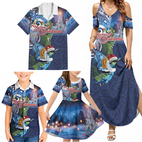 New Zealand Merry Christmas Family Matching Summer Maxi Dress and Hawaiian Shirt Maori Tribal Pattern with Xmas Tui Bird