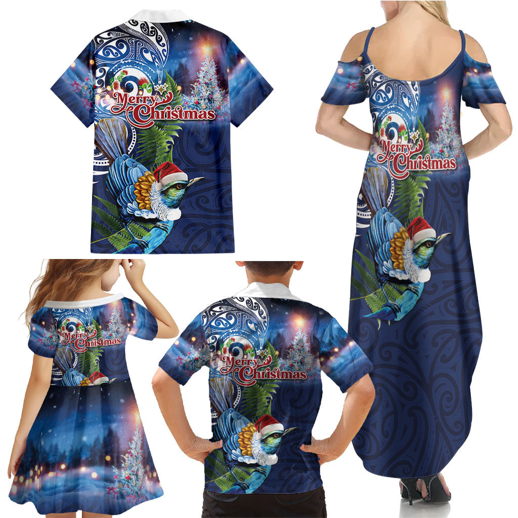 New Zealand Merry Christmas Family Matching Summer Maxi Dress and Hawaiian Shirt Maori Tribal Pattern with Xmas Tui Bird