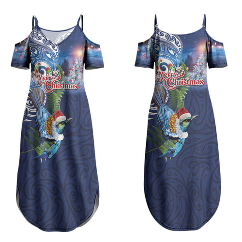 New Zealand Merry Christmas Family Matching Summer Maxi Dress and Hawaiian Shirt Maori Tribal Pattern with Xmas Tui Bird