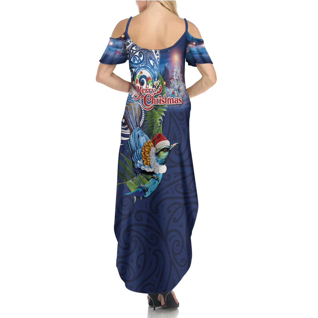 New Zealand Merry Christmas Family Matching Summer Maxi Dress and Hawaiian Shirt Maori Tribal Pattern with Xmas Tui Bird