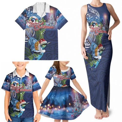 New Zealand Merry Christmas Family Matching Tank Maxi Dress and Hawaiian Shirt Maori Tribal Pattern with Xmas Tui Bird
