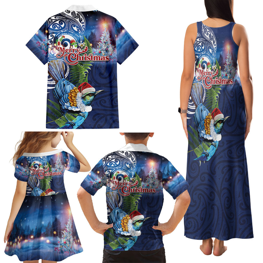 New Zealand Merry Christmas Family Matching Tank Maxi Dress and Hawaiian Shirt Maori Tribal Pattern with Xmas Tui Bird