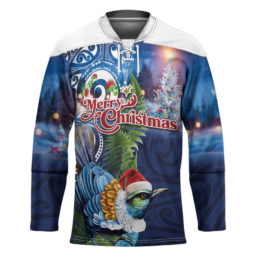 New Zealand Merry Christmas Hockey Jersey Maori Tribal Pattern with Xmas Tui Bird