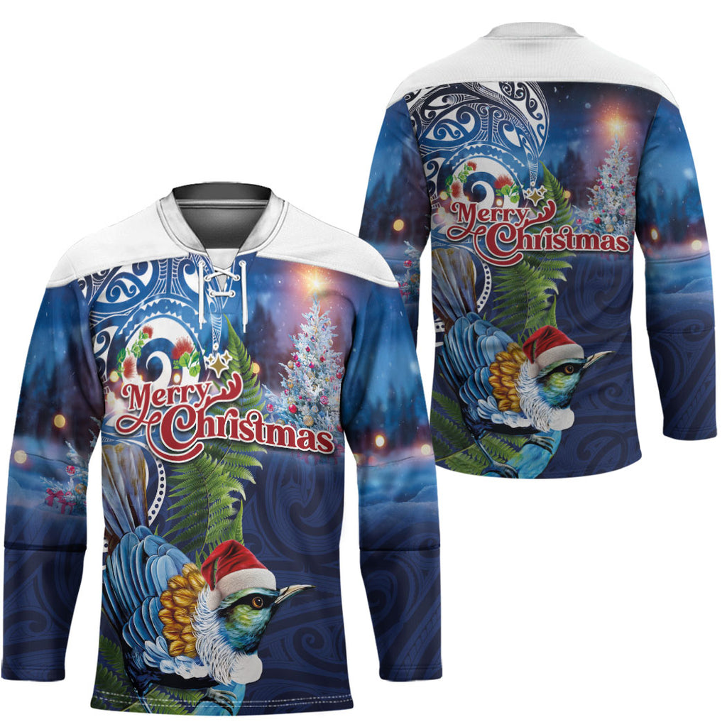 New Zealand Merry Christmas Hockey Jersey Maori Tribal Pattern with Xmas Tui Bird