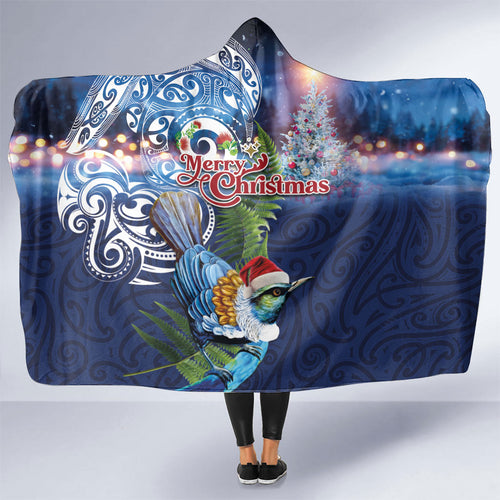 New Zealand Merry Christmas Hooded Blanket Maori Tribal Pattern with Xmas Tui Bird