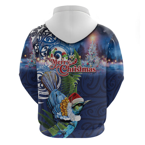 New Zealand Merry Christmas Hoodie Maori Tribal Pattern with Xmas Tui Bird