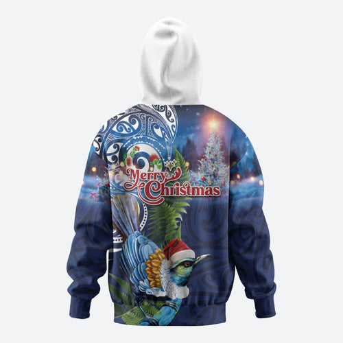 New Zealand Merry Christmas Hoodie Maori Tribal Pattern with Xmas Tui Bird