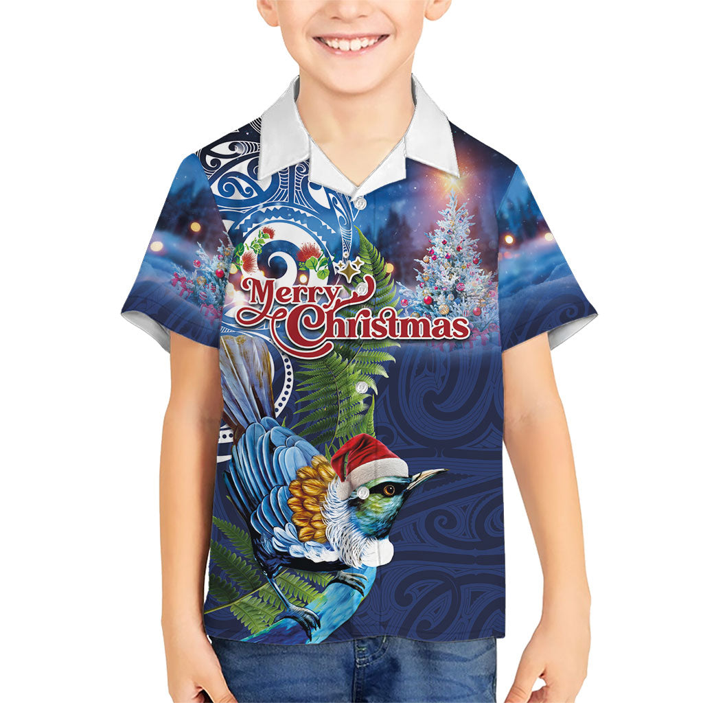New Zealand Merry Christmas Kid Hawaiian Shirt Maori Tribal Pattern with Xmas Tui Bird