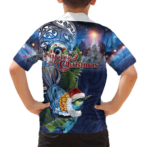 New Zealand Merry Christmas Kid Hawaiian Shirt Maori Tribal Pattern with Xmas Tui Bird