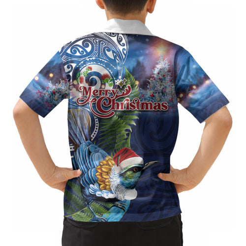 New Zealand Merry Christmas Kid Hawaiian Shirt Maori Tribal Pattern with Xmas Tui Bird LT03