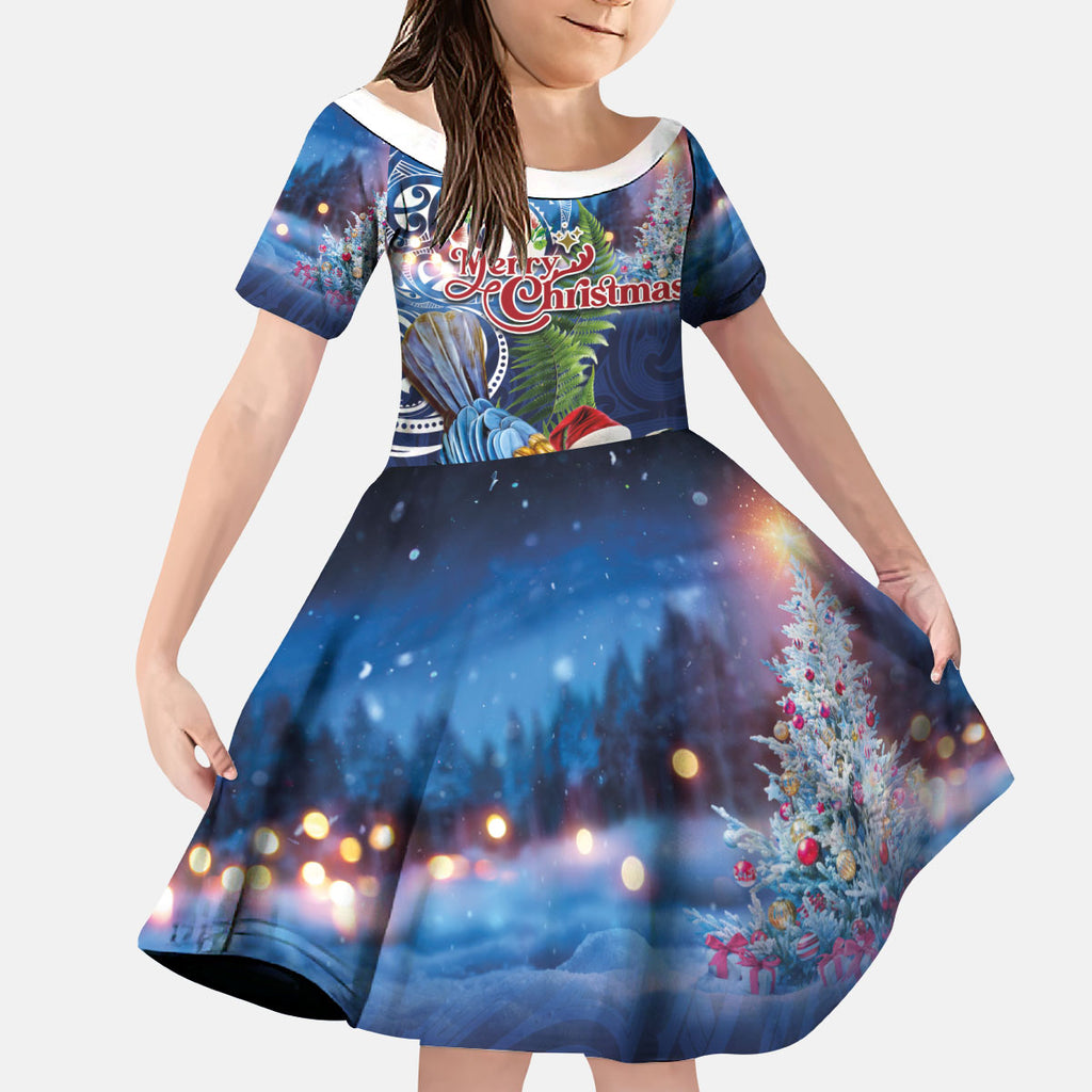 New Zealand Merry Christmas Kid Short Sleeve Dress Maori Tribal Pattern with Xmas Tui Bird