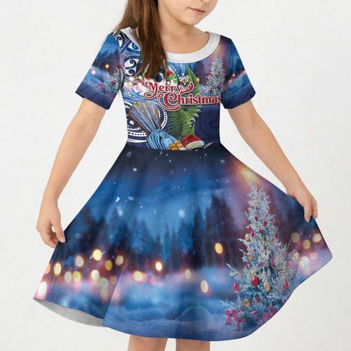 New Zealand Merry Christmas Kid Short Sleeve Dress Maori Tribal Pattern with Xmas Tui Bird