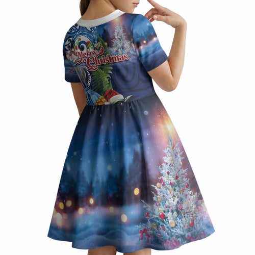 New Zealand Merry Christmas Kid Short Sleeve Dress Maori Tribal Pattern with Xmas Tui Bird