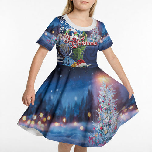 New Zealand Merry Christmas Kid Short Sleeve Dress Maori Tribal Pattern with Xmas Tui Bird