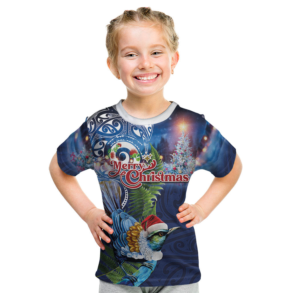 New Zealand Merry Christmas Kid T Shirt Maori Tribal Pattern with Xmas Tui Bird