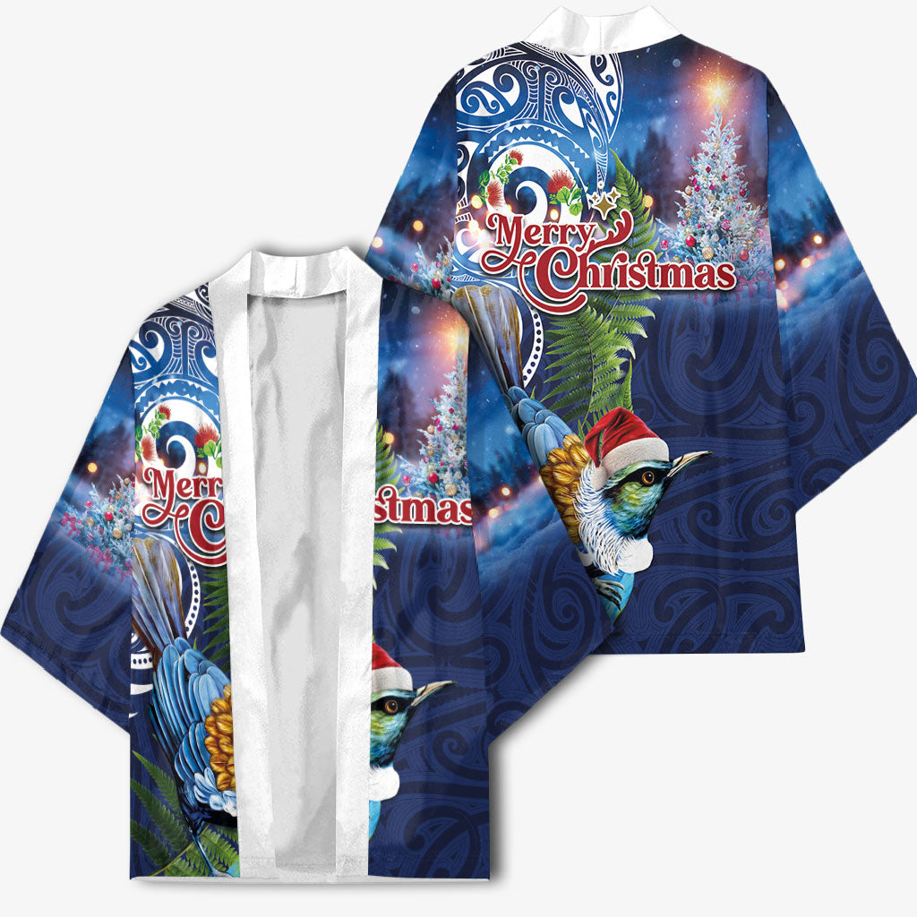 New Zealand Merry Christmas Kimono Maori Tribal Pattern with Xmas Tui Bird