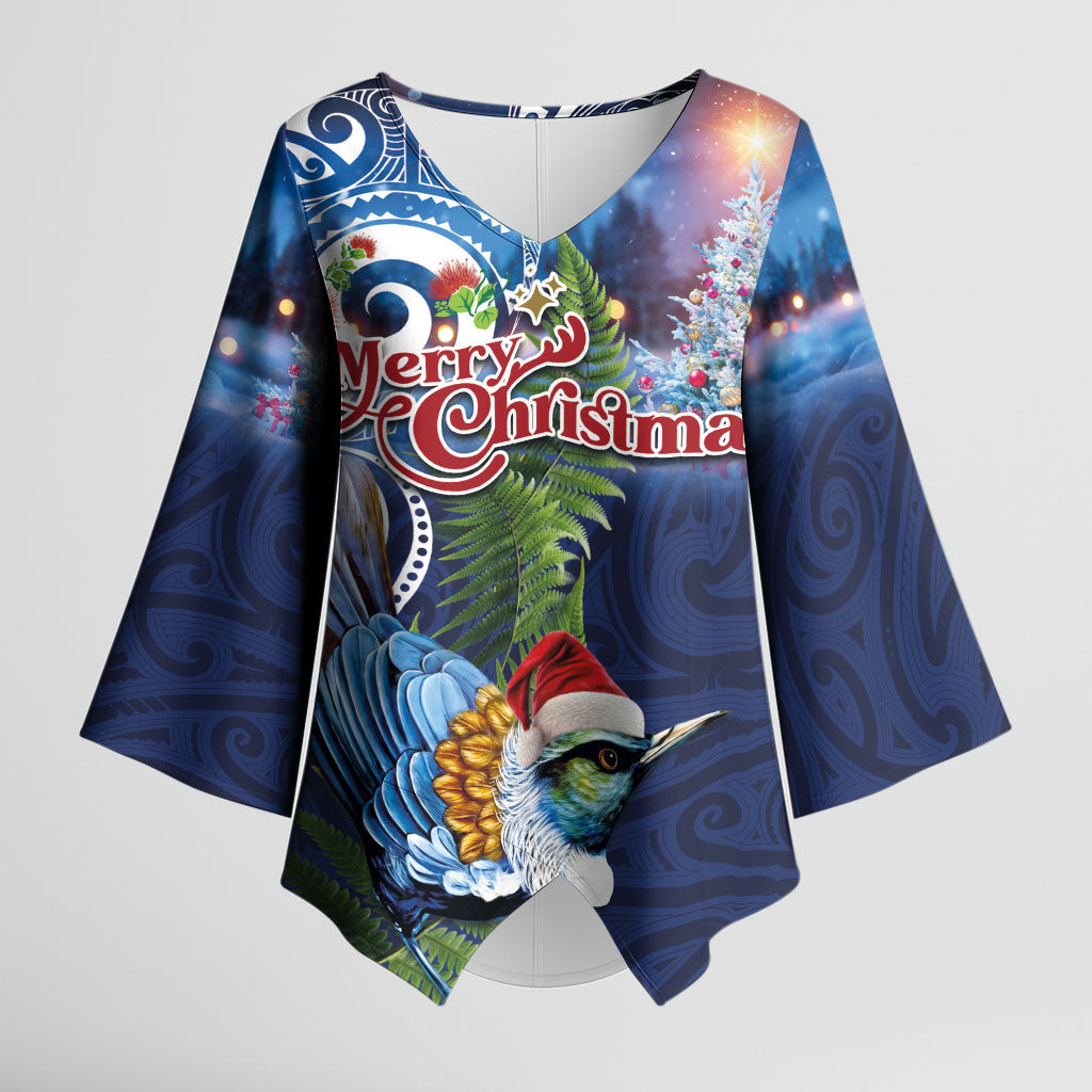 New Zealand Merry Christmas Kimono Sleeve Blouse Maori Tribal Pattern with Xmas Tui Bird