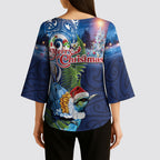 New Zealand Merry Christmas Kimono Sleeve Blouse Maori Tribal Pattern with Xmas Tui Bird
