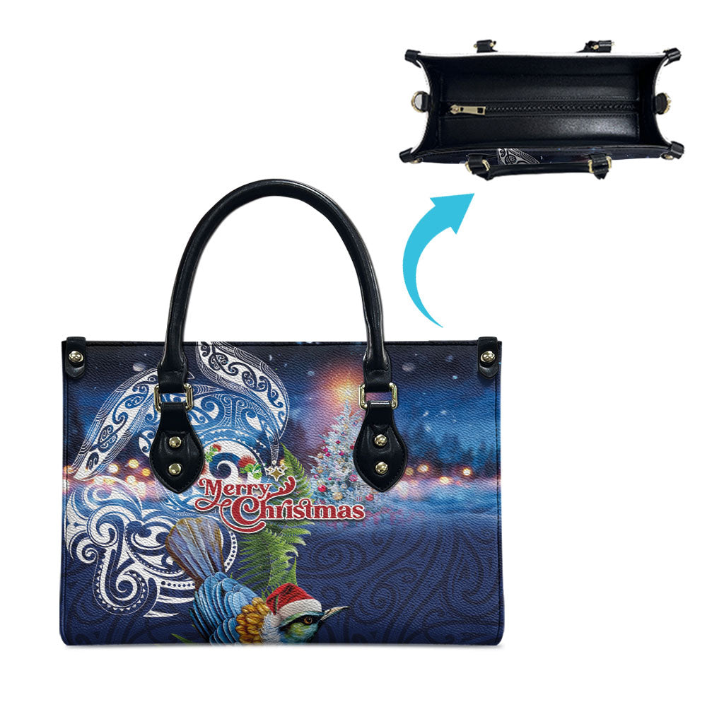 New Zealand Merry Christmas Leather Bag Maori Tribal Pattern with Xmas Tui Bird