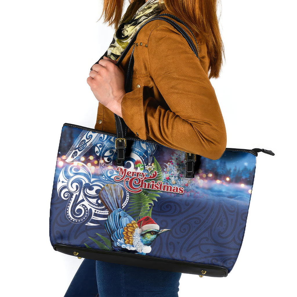 New Zealand Merry Christmas Leather Tote Bag Maori Tribal Pattern with Xmas Tui Bird