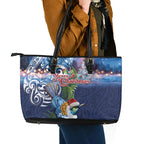 New Zealand Merry Christmas Leather Tote Bag Maori Tribal Pattern with Xmas Tui Bird