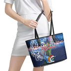 New Zealand Merry Christmas Leather Tote Bag Maori Tribal Pattern with Xmas Tui Bird