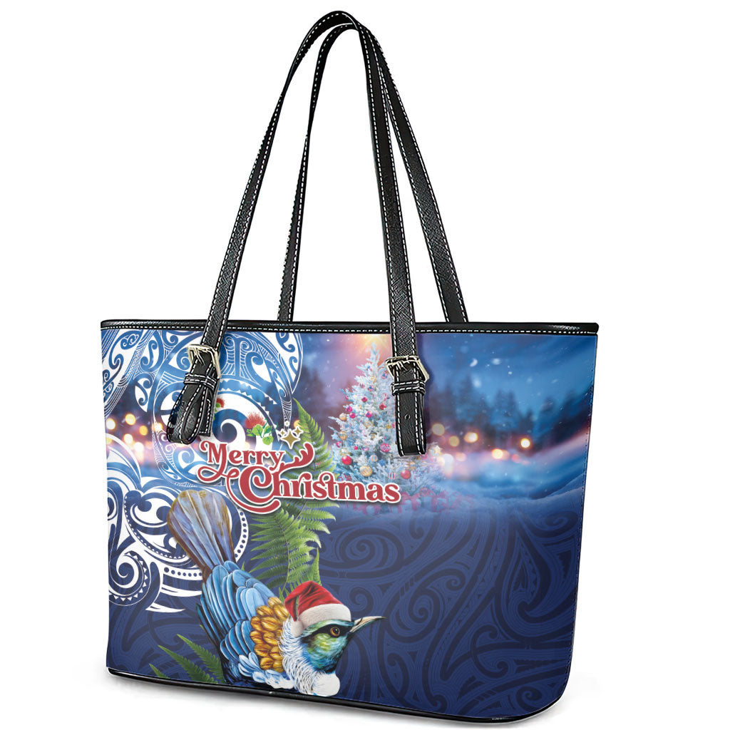New Zealand Merry Christmas Leather Tote Bag Maori Tribal Pattern with Xmas Tui Bird