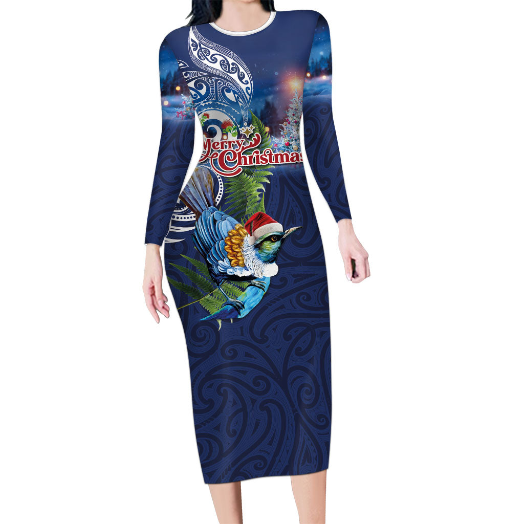 New Zealand Merry Christmas Long Sleeve Bodycon Dress Maori Tribal Pattern with Xmas Tui Bird