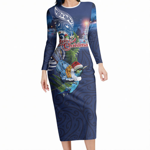 New Zealand Merry Christmas Long Sleeve Bodycon Dress Maori Tribal Pattern with Xmas Tui Bird