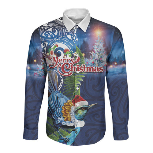 New Zealand Merry Christmas Long Sleeve Button Shirt Maori Tribal Pattern with Xmas Tui Bird
