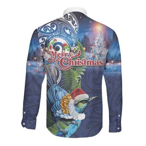 New Zealand Merry Christmas Long Sleeve Button Shirt Maori Tribal Pattern with Xmas Tui Bird