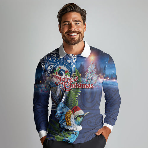 New Zealand Merry Christmas Long Sleeve Polo Shirt Maori Tribal Pattern with Xmas Tui Bird