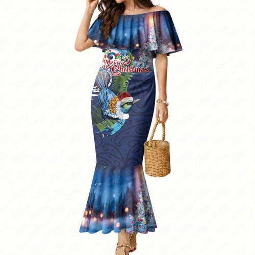 New Zealand Merry Christmas Mermaid Dress Maori Tribal Pattern with Xmas Tui Bird