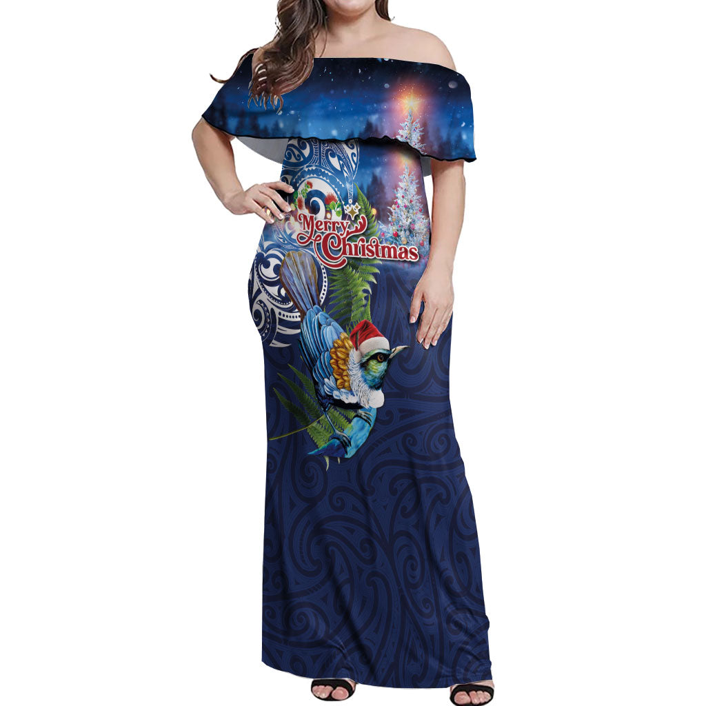 New Zealand Merry Christmas Off Shoulder Maxi Dress Maori Tribal Pattern with Xmas Tui Bird