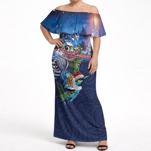 New Zealand Merry Christmas Off Shoulder Maxi Dress Maori Tribal Pattern with Xmas Tui Bird