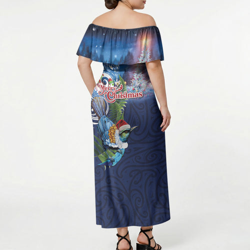 New Zealand Merry Christmas Off Shoulder Maxi Dress Maori Tribal Pattern with Xmas Tui Bird