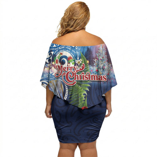 New Zealand Merry Christmas Off Shoulder Short Dress Maori Tribal Pattern with Xmas Tui Bird
