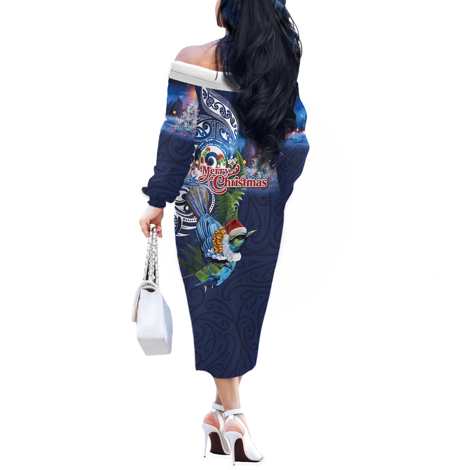 New Zealand Merry Christmas Off The Shoulder Long Sleeve Dress Maori Tribal Pattern with Xmas Tui Bird